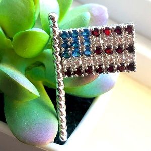 Silver-Tone Red, White and Blue Pave American Flag Brooch